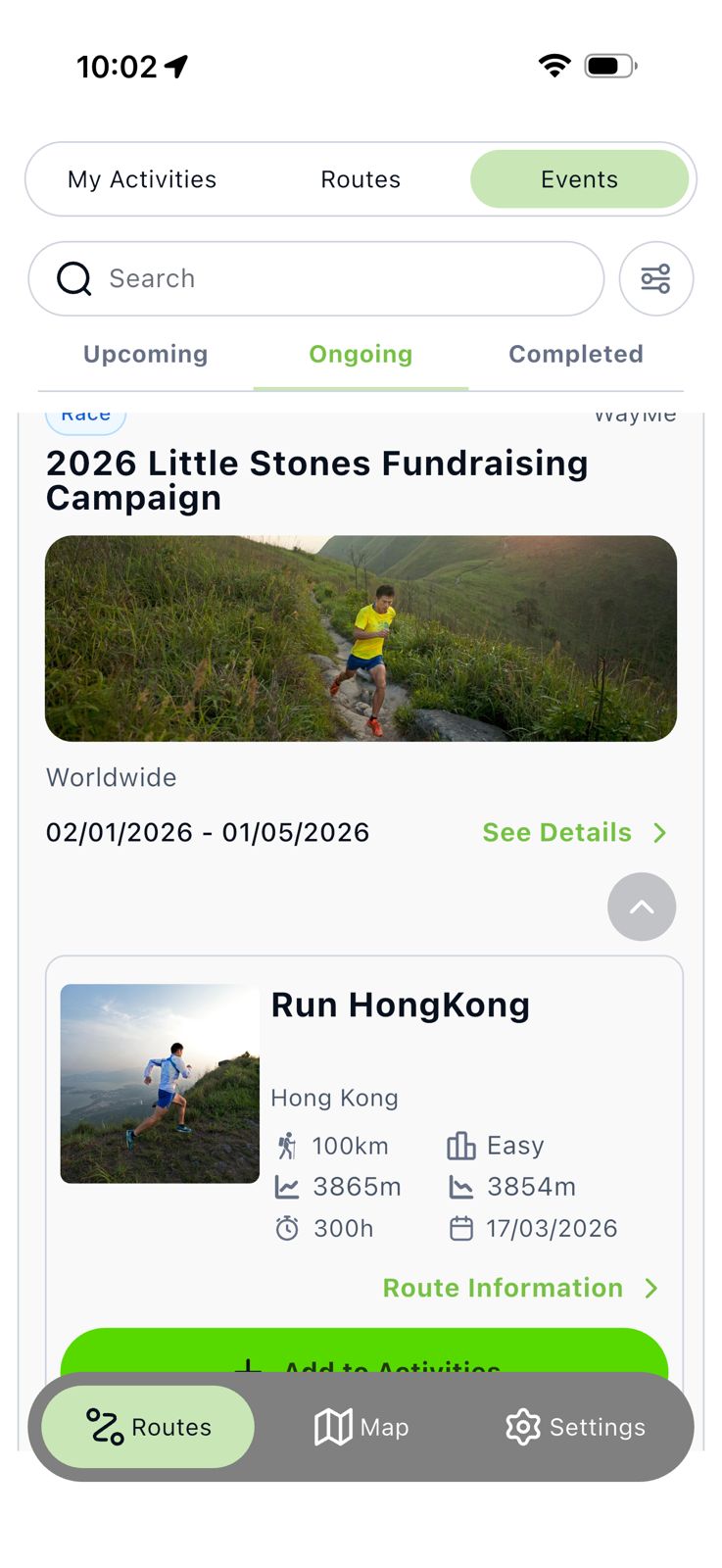 WayMe app showing Stone's routes