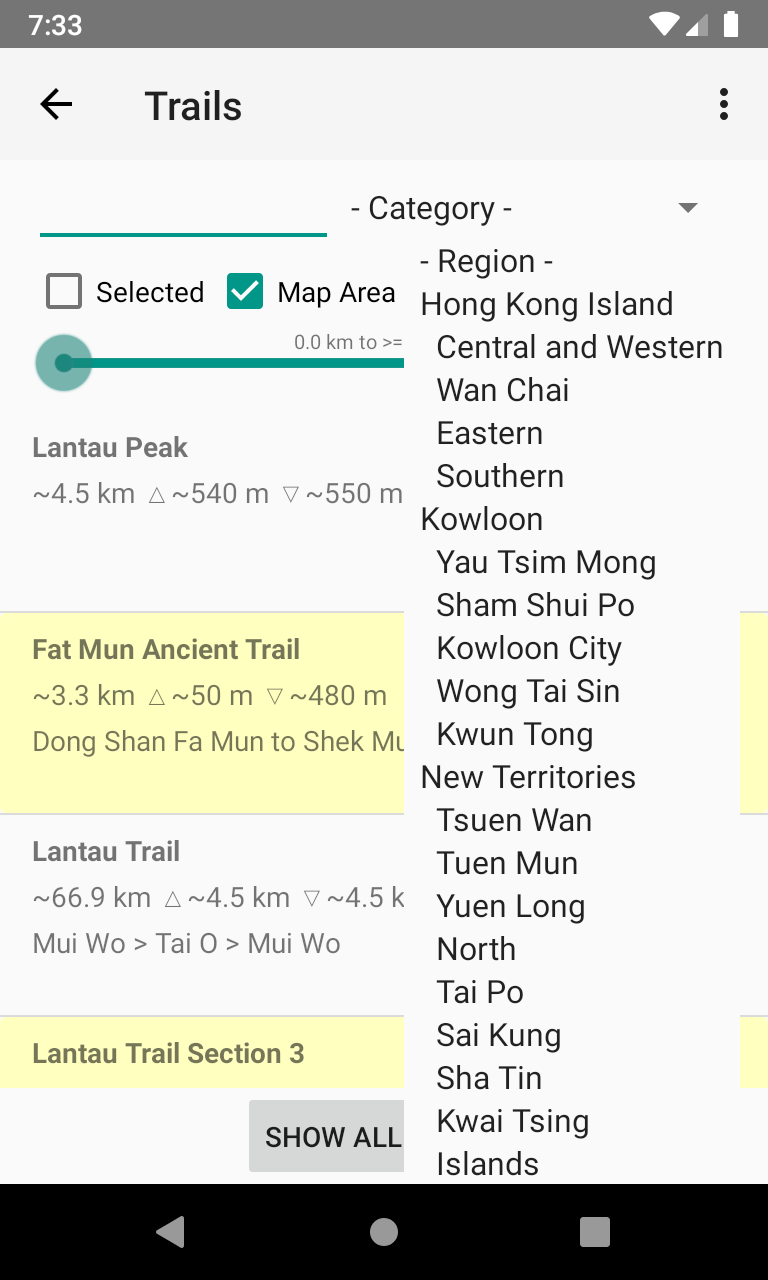 Hiking Trail HK trail list screenshot