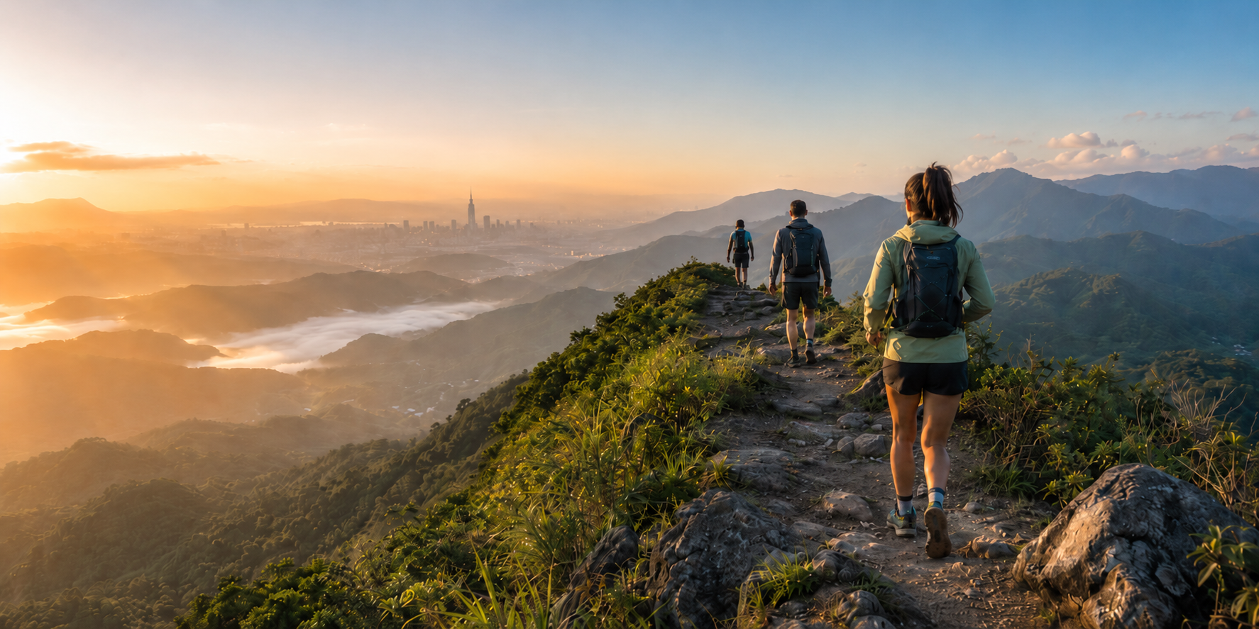 Hikers and trail runners on a scenic Taiwan mountain trail during the WayMe Taiwan Triple Trail Challenge