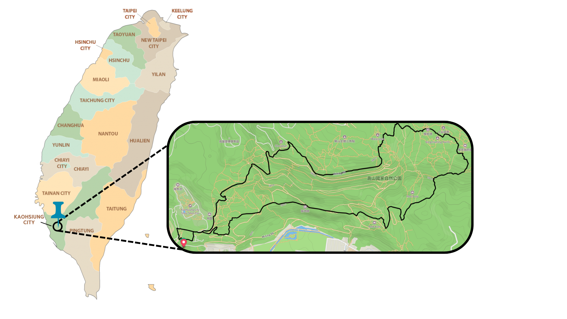 Kaohsiung route map for Shoushan Monkey Mountain