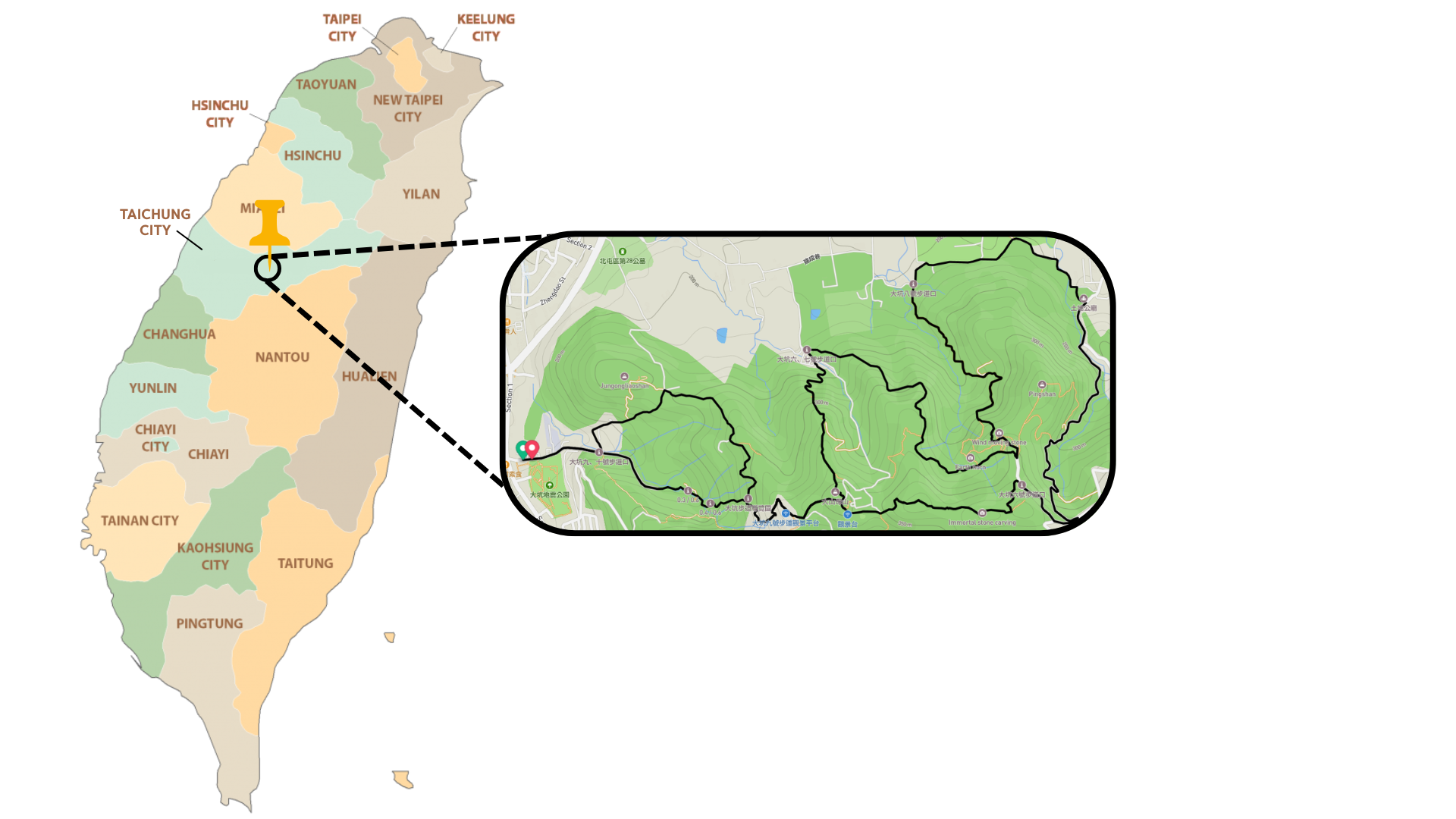 Taichung route map for Dakeng and Toukeshan