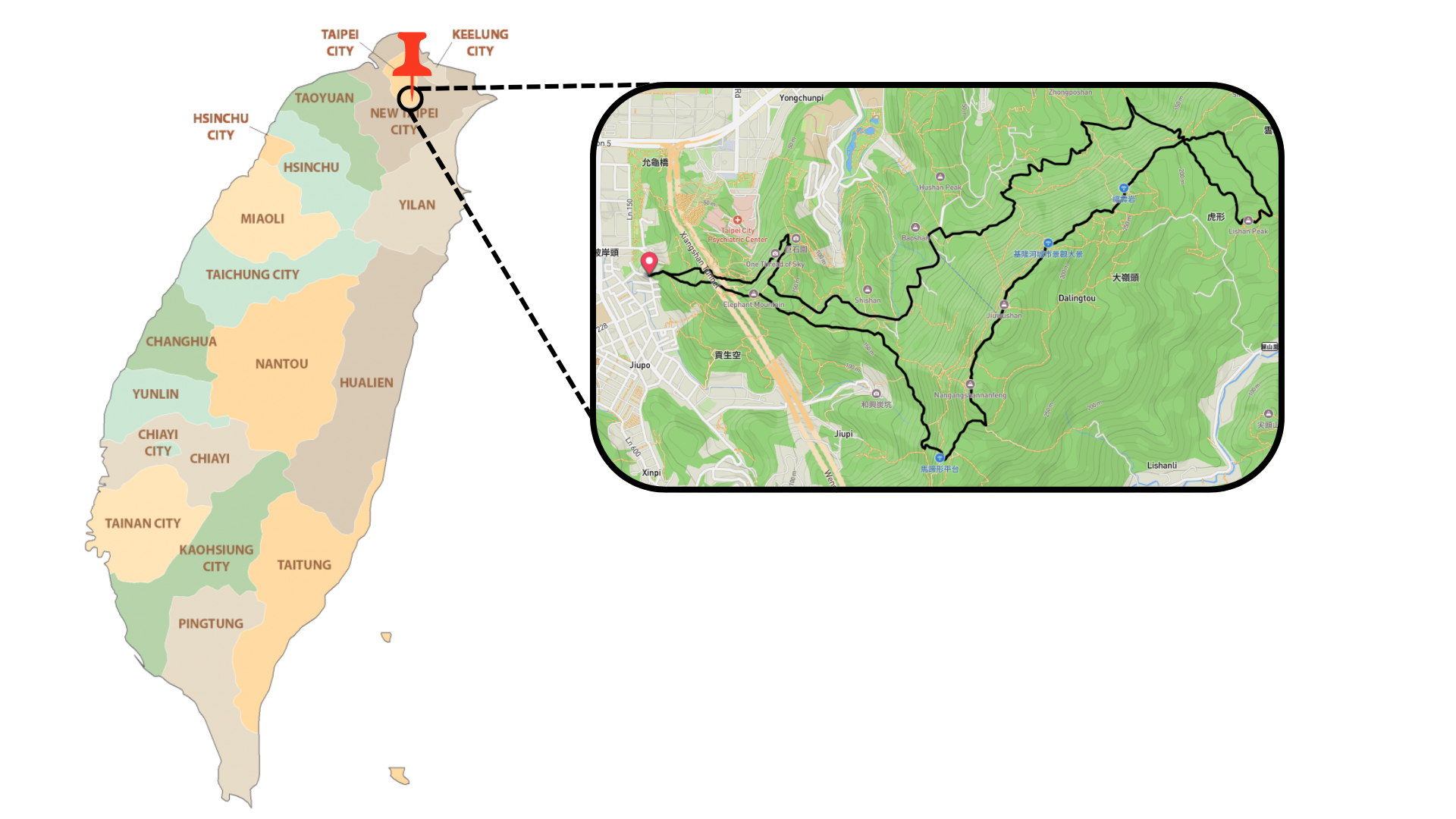 Taipei route map for Elephant Mountain, Thumb Mountain and Nangang Mountain