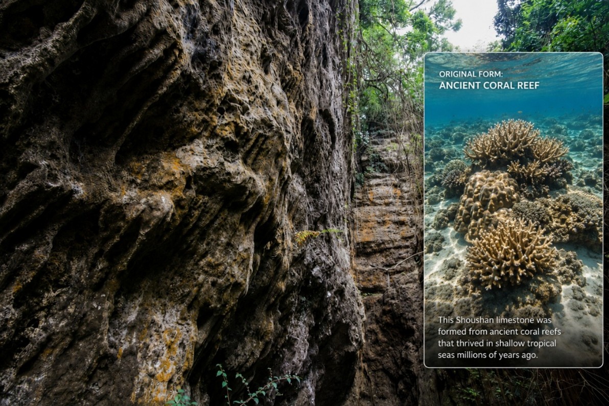 Sharp coral reef limestone terrain on Shoushan in Kaohsiung