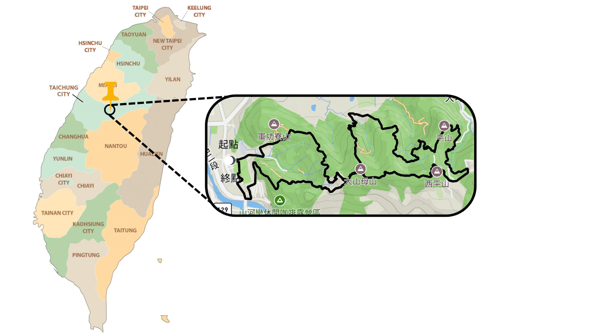 Taichung route map for Dakeng and Toukeshan