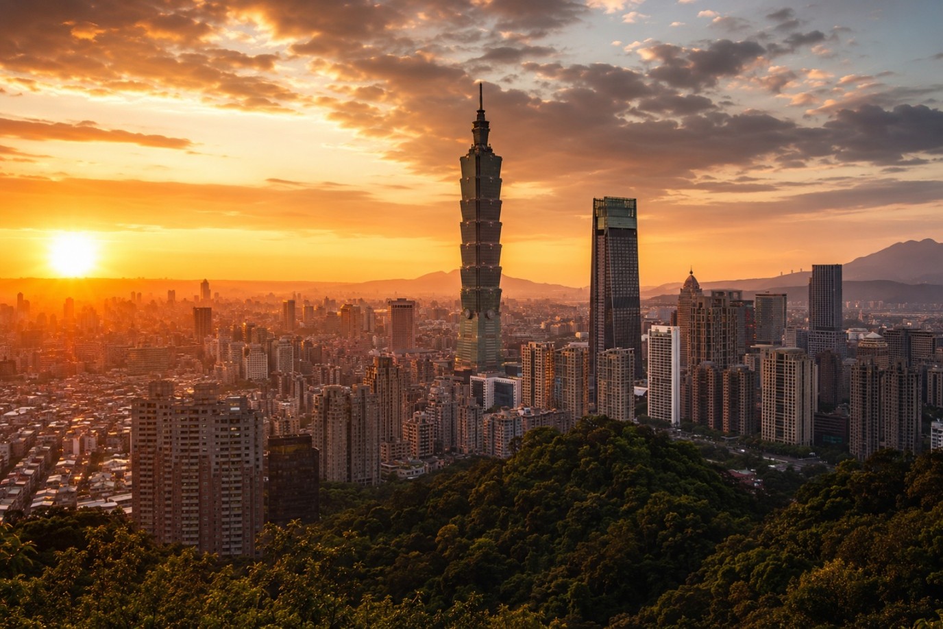 Sunset view of Taipei 101 from a mountain trail near Taipei